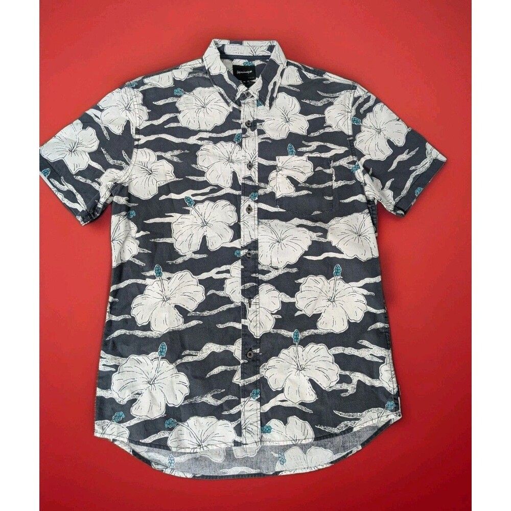 Quiksilver Button Up Hibiscus Floral Shirt Men's Small Tropical Gray White